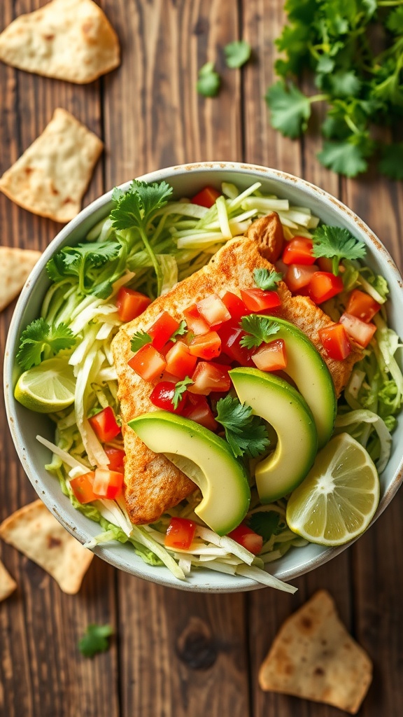 Air fryer fish taco bowl with fish, lettuce, tomatoes, avocado, and lime on a wooden table.